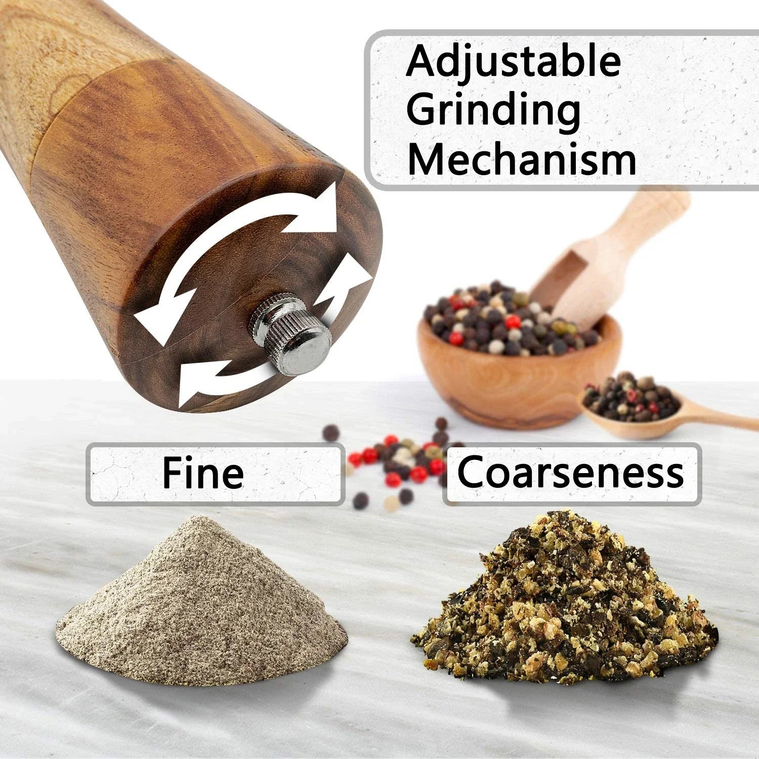 Salt and Pepper Grinder Acacia Wooden Spice Pepper Mill with Strong Adjustable Ceramic Grinder Kitchen Cooking Tools