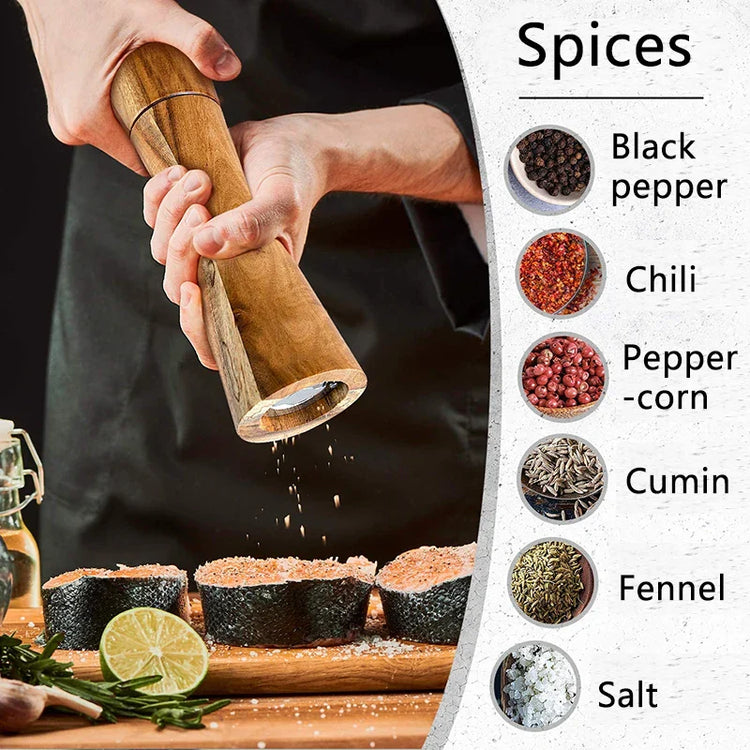 Salt and Pepper Grinder Acacia Wooden Spice Pepper Mill with Strong Adjustable Ceramic Grinder Kitchen Cooking Tools