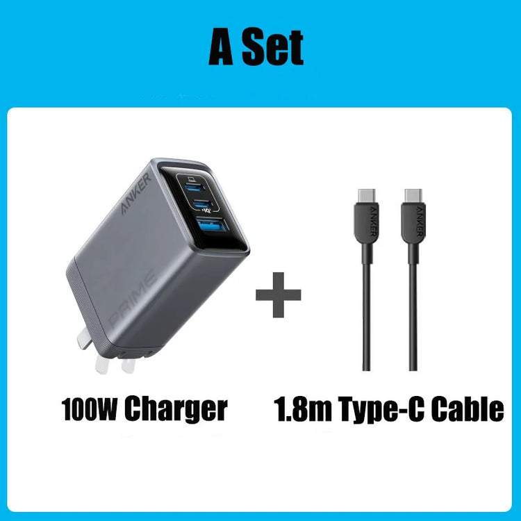 100W USB C wall charger with 1.8m Type-C cable, compact design for fast charging.