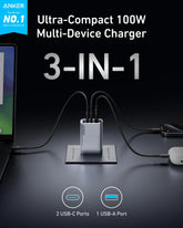 100W USB C wall charger with 2 USB-C ports and 1 USB-A port for fast charging multiple devices.
