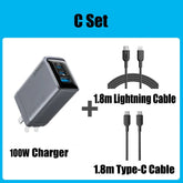 100W USB C wall charger with 1.8m Lightning cable and 1.8m Type-C cable in a C set