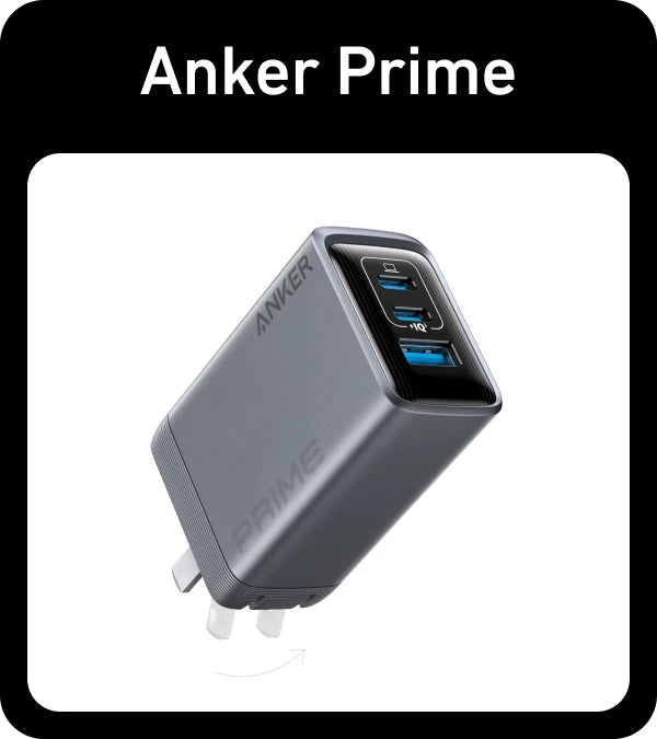 100W USB C wall charger by Anker Prime, featuring three ports and compact GaN technology for fast charging.