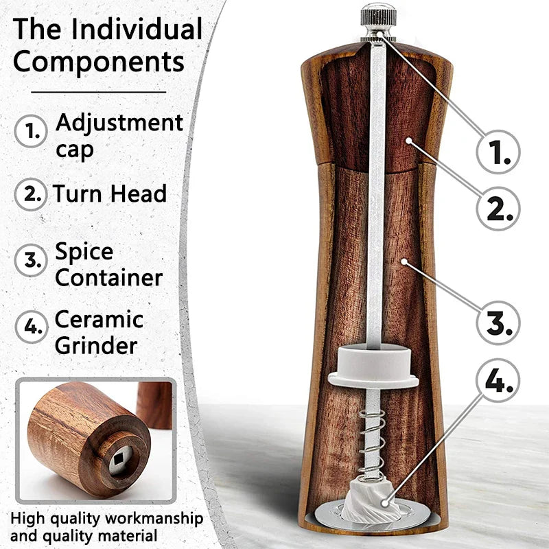 Salt and Pepper Grinder Acacia Wooden Spice Pepper Mill with Strong Adjustable Ceramic Grinder Kitchen Cooking Tools